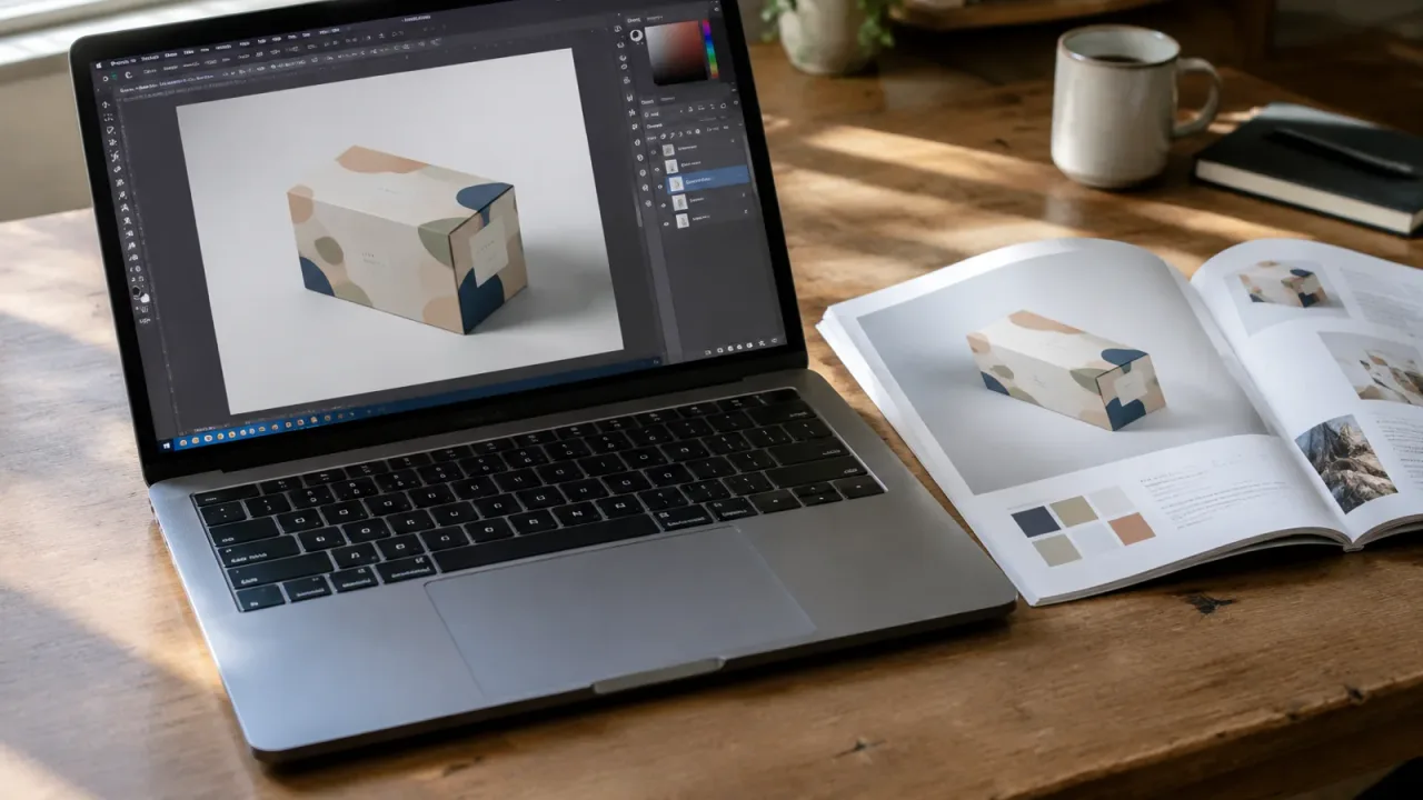 工作台上一台笔记本电脑屏幕显示 Photoshop 中的 PSB 样机，旁边放着一本摊开的杂志，杂志页面上是设计稿，环境为自然窗光，有轻微阴影和纸张纹理。